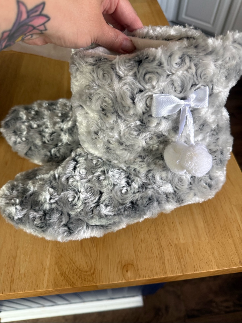 Cozy Faux Fur Gray Women's Bootie Slippers with Pom Accent
